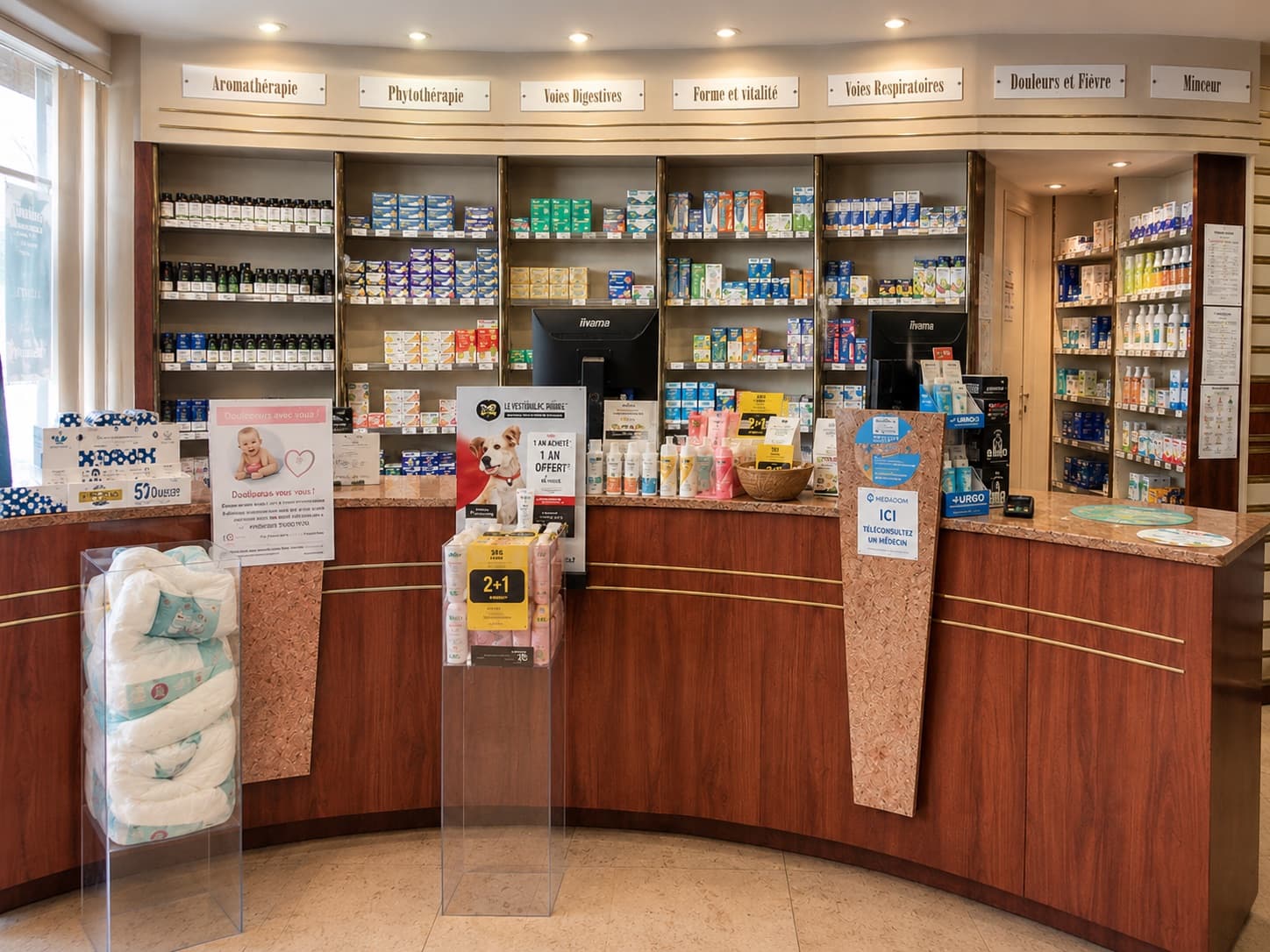 Espace d'accueil et comptoirs de la Pharmacie du Centre à Cysoing