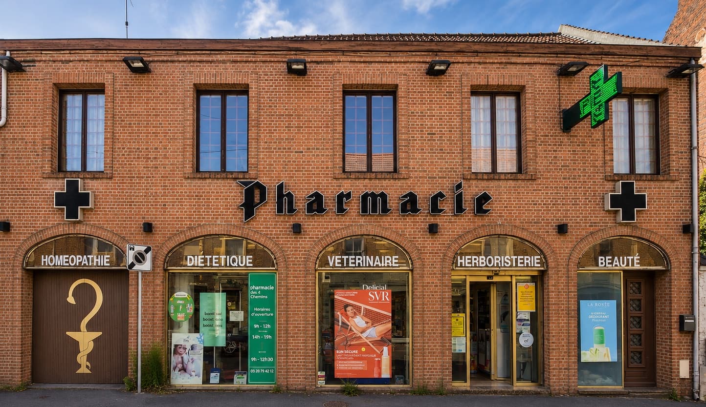 Façade en brique de la Pharmacie du Centre, 128 rue Roger Salengro à Cysoing, avec sa croix verte